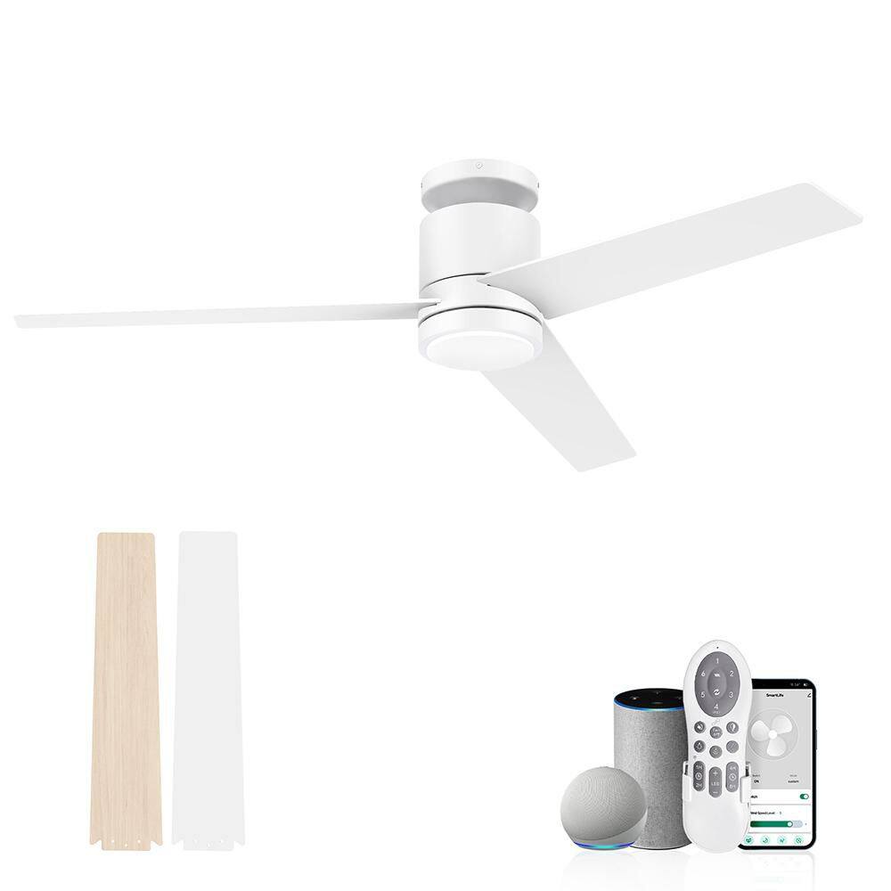 52 in. Smart Outdoor Indoor White Flush Mount Ceiling Fans with Lights Remo