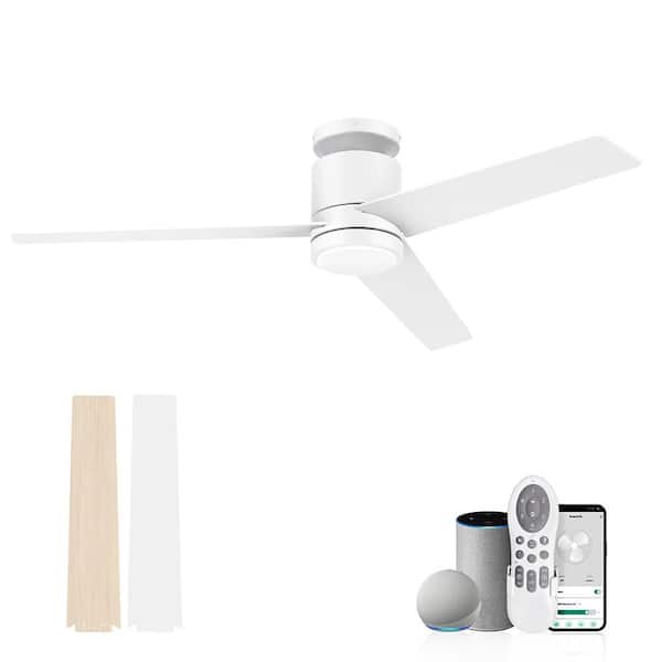 REDIAMS 52 in. Smart Outdoor Indoor White Flush Mount Ceiling Fans with Lights Remote Voice Control Via WIFI Alexa App Dimmable