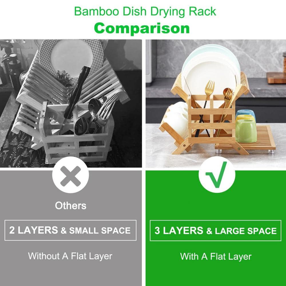 Foldable Bamboo 3-Tier Dish Rack with Utensil Holder