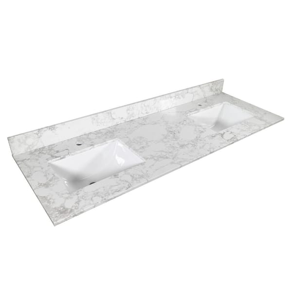 INSTER 61 in. W x 22 in. D Stone Bathroom Vanity Top in Carrara White with White Rectangle Double Sinks-1H