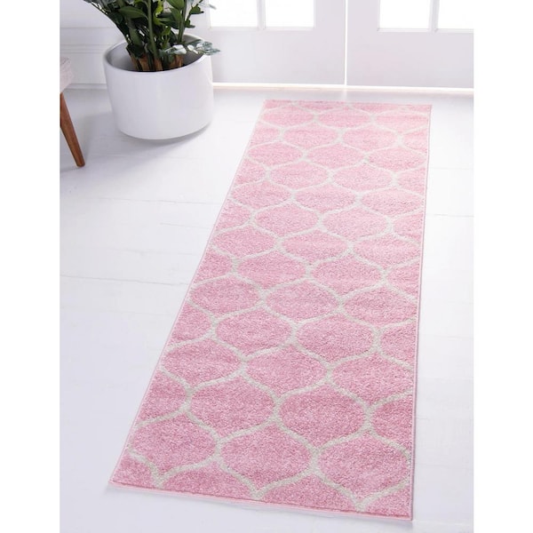 Trellis Frieze Collection Area Rug - Rounded (2 ft. x 10 ft. Runner Light Pink/Ivory)
