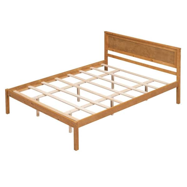 Oak Brown Wood Frame Queen Size Platform Bed with Slats