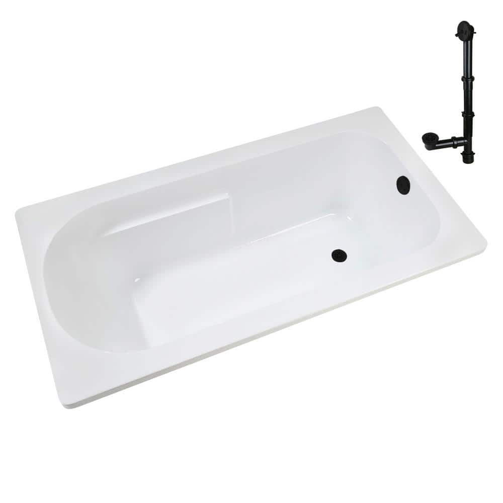 72" x 36" Glossy White Acrylic Drop-In Soaking Bathtub with Matte Black Hardware