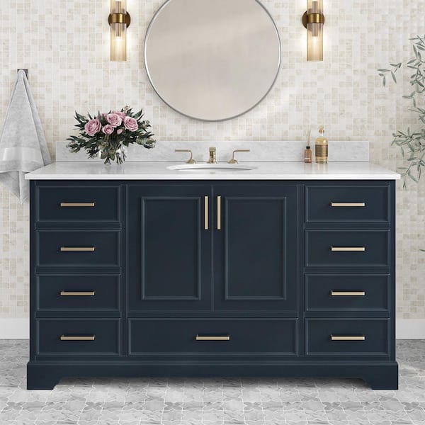 ARIEL Stafford 61 in. W x 22 in. D x 35.25 in. H Single Sink Bath Vanity in Midnight Blue with Carrara White Marble Top