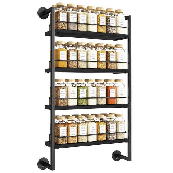4-Tier Wall Mount Spice Rack Organizer, Holds Up to 80 Jars, for Kitchen Cabinet and Pantry, Black