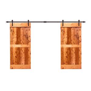76 in. x 84 in. Mid-Bar Series Red Walnut Stained Solid Pine Wood Interior Double Sliding Barn Door with Hardware Kit