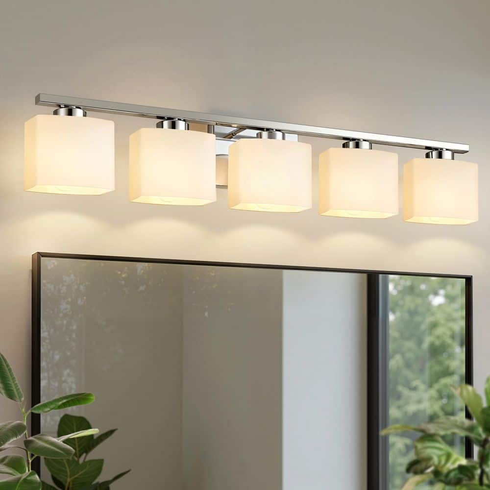 40 in. 5-Light Nickel Vanity Light, Modern Square Wall Fixture with Milk White Glass Shades for Bathroom price history on PriceWatchPro