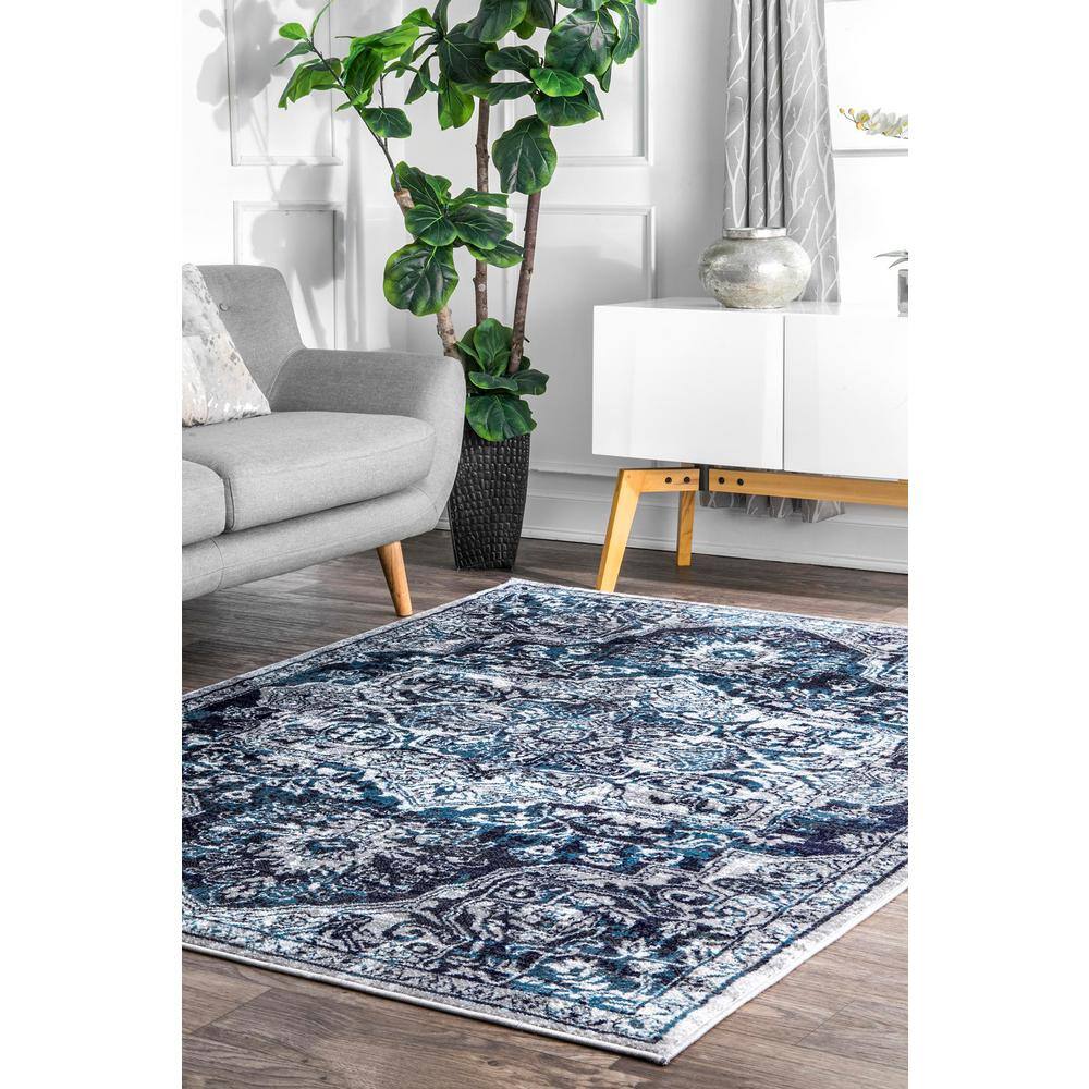 Blue and White Synthetic Medallion 9' x 12' Area Rug