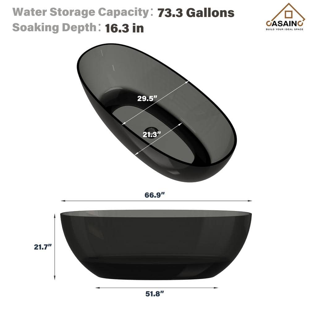 67'' x 30'' Black Transparent Resin Freestanding Soaking Bathtub