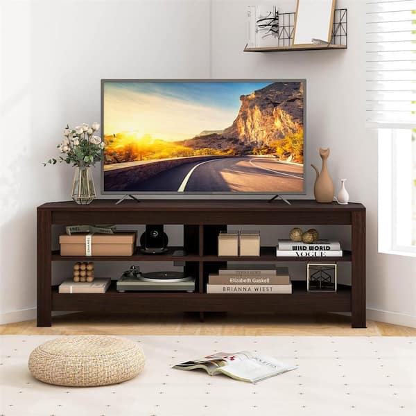 Costway Brown TV Stand Fits for TVs up to 65 in. with Power Outlet and 4 Open Storage Shelves for Living Room HCST02242 The Home Depot