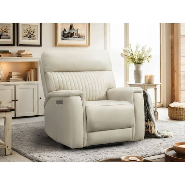 Ellesophas 38 in. Genuine Leather Triple Power Recliner in Cream with USB and USB-C Ports, Power Headrest and Lumbar