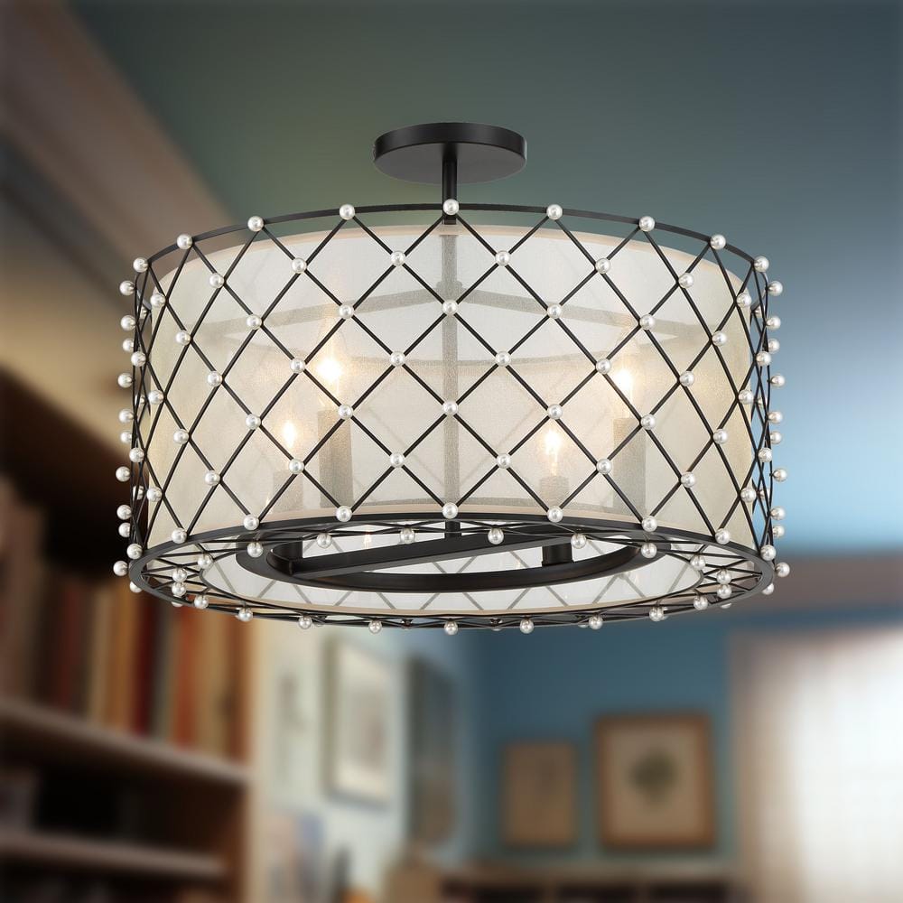 Coal Finish Gold Organza Drum Pendant with Adjustable Height