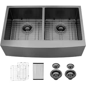 Gunmetal Black 36 in. Farmhouse/Apron-Front Double Bowl 16 Gauge Stainless Steel Kitchen Sink with Basket Strainer