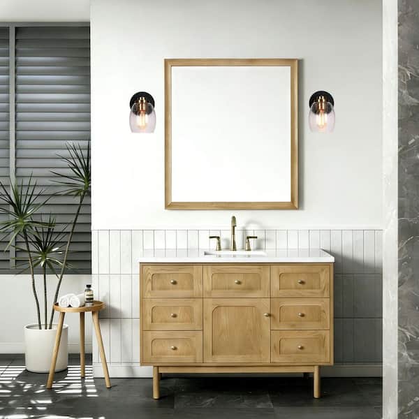 Modern Bell Black and Plating Brass Bathroom Wall Sconce 1-Light Drum Powder Room Vanity Light with Seeded Glass Shade
