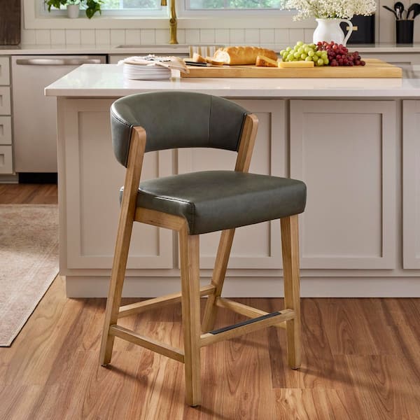 Dunbar 26 in. Slate Color High Back Counter Stool with Faux Leather Seat and Wood Frame