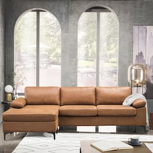 98 in. Square Arm 3-Piece Fabric L-Shaped Sectional Sofa in Light Brown with Chaise