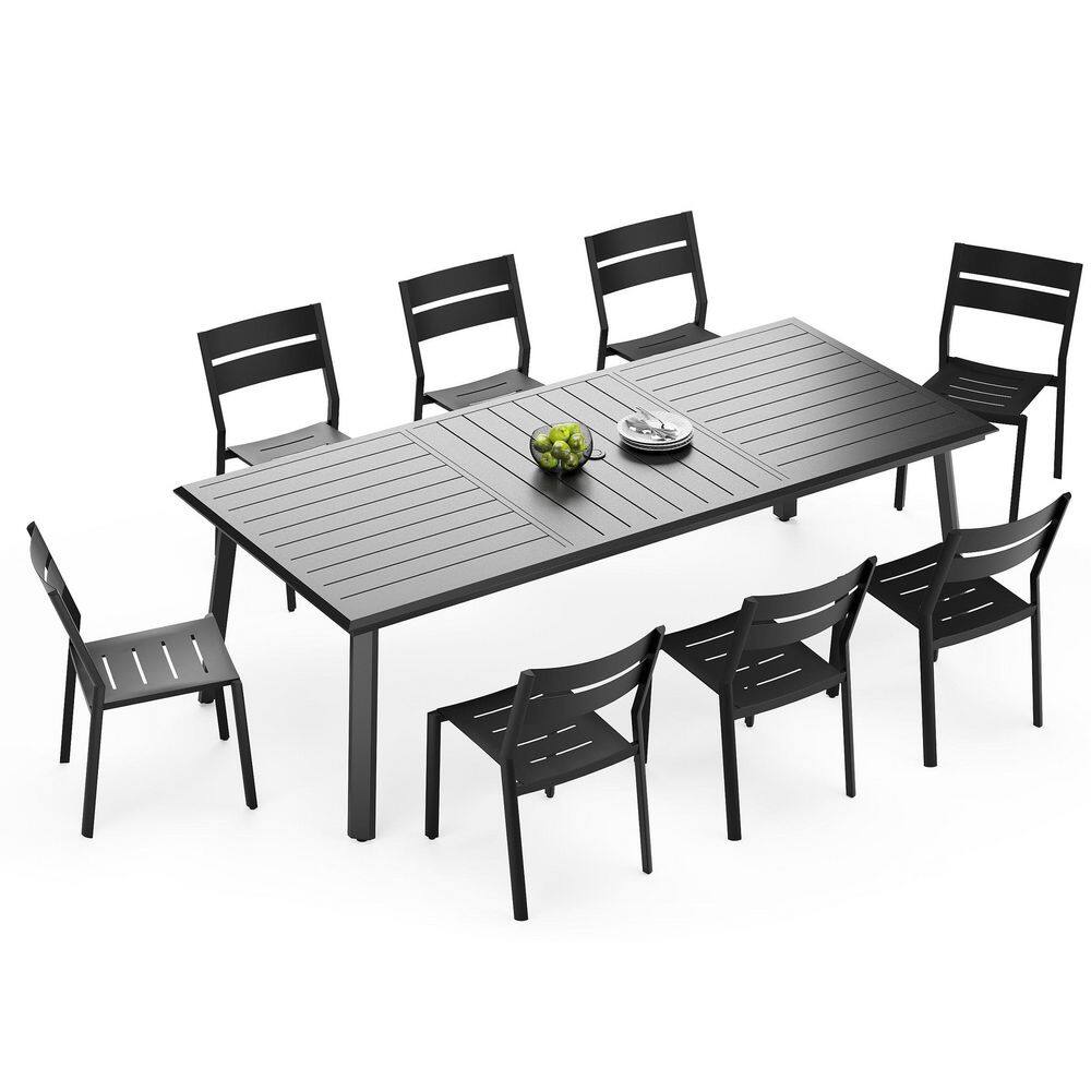 9-Piece Black Outdoor Dining Set for 8 Person Patio Dining Sets with a 93.9 in. Aluminum Table and 8 Stackable Chairs