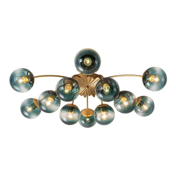 HUOKU Ceder 12-Light 39.4 in.W Gold Semi Flush Mount Chandelier Modern Sputnik with Blue Glass for Kitchen/Hallway