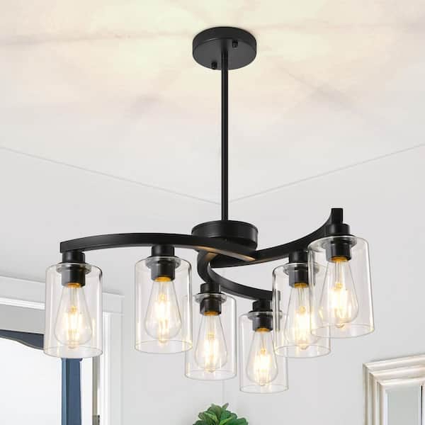 6-Light Modern Farmhouse Black Chandelier with Clear Glass Shade for Kitchen Island Dining Room