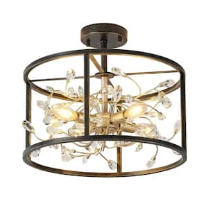 Iris 15.7 in. W 4-Light Antique Black Crystal Leaves Drum Semi- Flush Mount