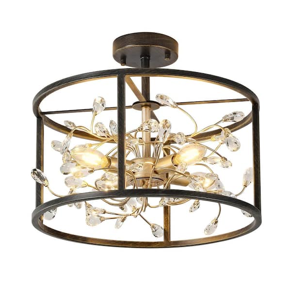 Jojospring Iris 15.7 in. W 4-Light Antique Black Crystal Leaves Drum Semi- Flush Mount