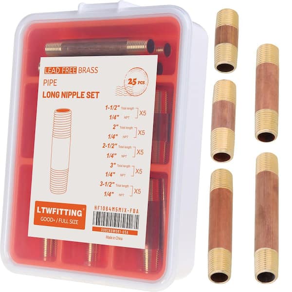 LTWFITTING Assortment Kit (1-1/2 in. 2 in. 2-1/2 in. 3 in. 3-1/2 in.) x 1/4 in. Male NPT Brass Pipe Long Nipple Set (25-Pack)
