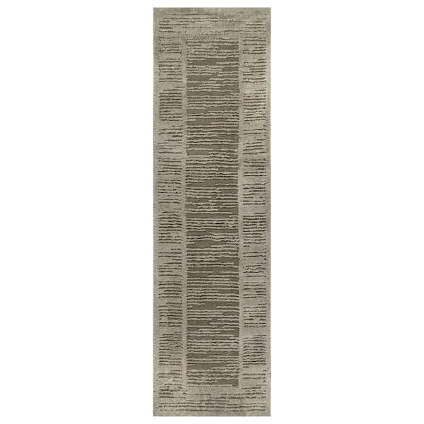 Striped Framed Border Power Loomed Soft Shag High-Low Indoor 2 ft. x 12 ft. Green Area Rug