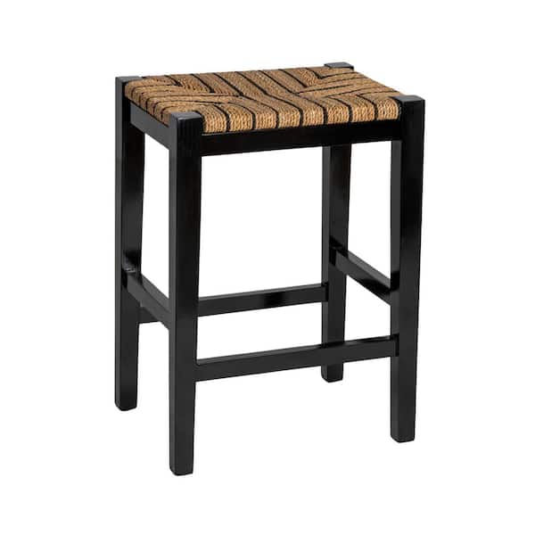 Storied Home Willowbrook Black Solid Wood and Natural Woven Seagrass Rope Counter Stool, Backless