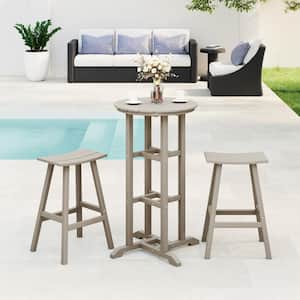 Laguna 3-Piece HDPE Weather Resistant Outdoor Patio Bar Height Bistro Set with Saddle Seat Barstools, Weathered Wood