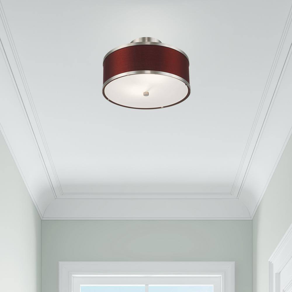 Brushed Nickel 2-Light Semi-Flush Mount with Red Wine Fabric Shade