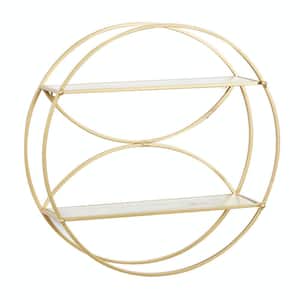 22 in.  x 22 in. Gold Round 2 Shelves Metal Wall Shelf