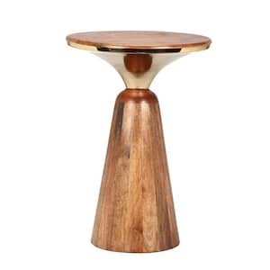 Emberly 16 in. Round Pedestal Side End Table, Mango Wood, Metal, Gold + Honey