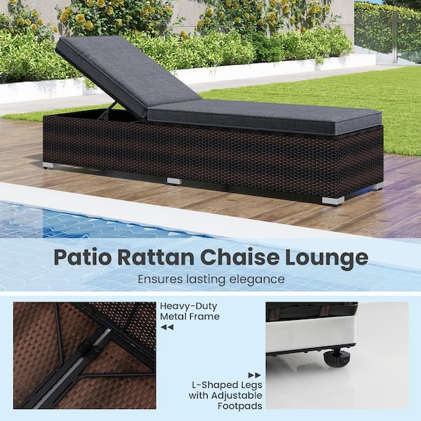 1-Piece Wicker Outdoor Chaise Lounge with 4-Level Backrest and Gray Cushions