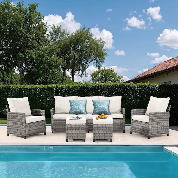 JUSKYS New Gray 5-Piece Wicker Outdoor Patio Conversation Seating Set with Beige Cushions and Ottomans