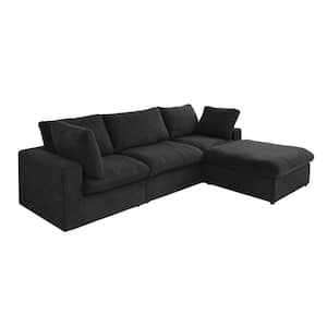 120.45 in. Modular 4-Piece 30% Linen Down Filled Seperable 3-Seater Rectangle Sectional Sofa Couch with Ottoman in Black