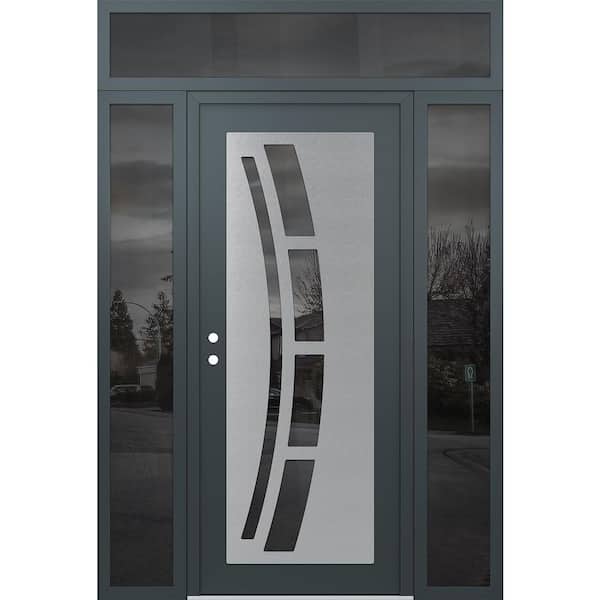 C12 68 in. x 96 in. Silver P Right-Hand/Inswing Mirrored Glass Anth/Anth 2 Sidelite+Transom Steel Prehung Front Door