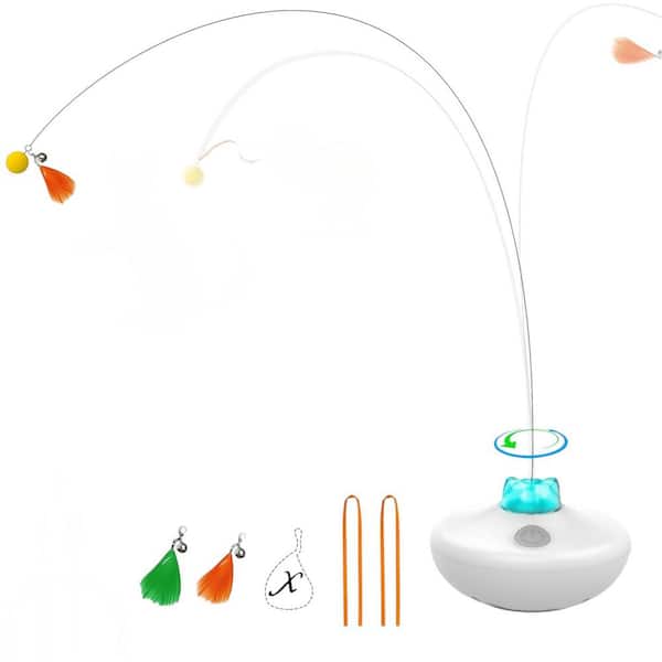 Interactive Cat Toys Rechargeable Tumbler Spin Butterfly Game with Extra Long Feather Wand for Indoor Cats