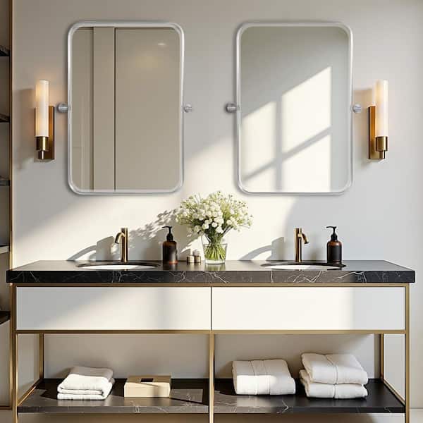 Wooakway 24 in W x 36 in. H Metal Wall Mirror with Adjustable Tilted Frame Silver