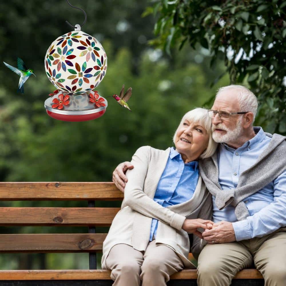 Multicolor Hand-Blown Glass Hanging Hummingbird Feeder with Metal Base