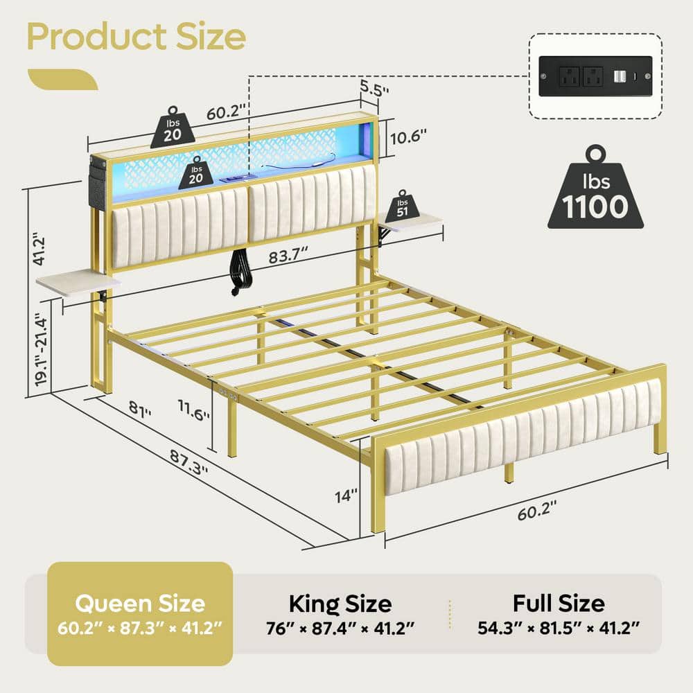 Off-White Queen Upholstered LED Platform Bed with Storage Headboard