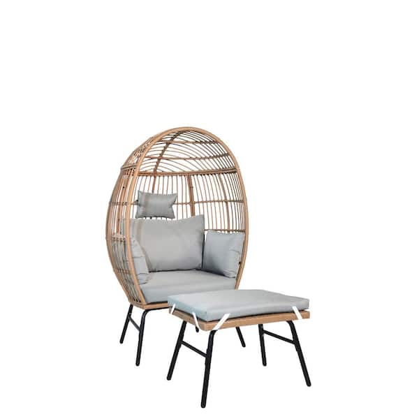 Sudzendf Brown Wicker Outdoor Chaise Lounge Egg Chair and Footstool Patio Chaise with Gray Cushions