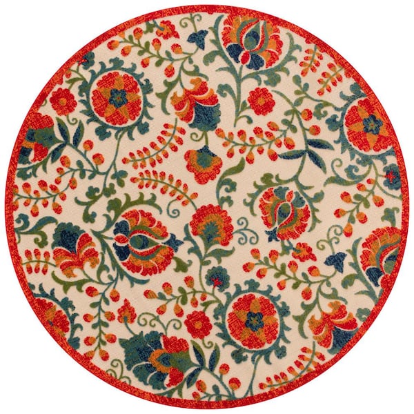 Nourison Aloha Red Multicolor 5 ft. x 5 ft. Floral Contemporary Indoor/Outdoor Round Area Rug