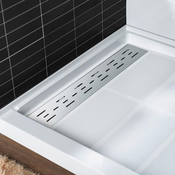 Woodbridge Krasik 60 in. L x 30 in. W Alcove Solid Surface Shower Pan Base with Left Drain in White with Chrome Cover, White with Chrome Drain Cover