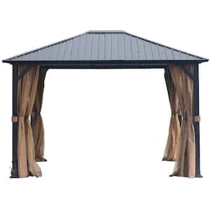 10 ft. x 12 ft. Outdoor Black Galvanized Iron Hardtop Gazebo with Galvanized Iron Roof with Netting