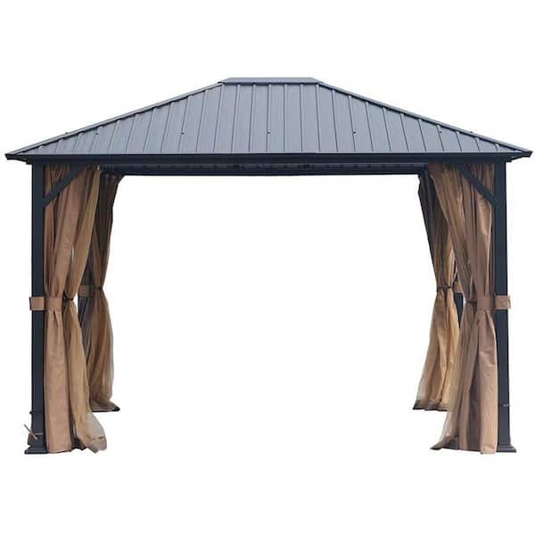 10 ft. x 12 ft. Outdoor Black Galvanized Iron Hardtop Gazebo with Galvanized Iron Roof with Netting