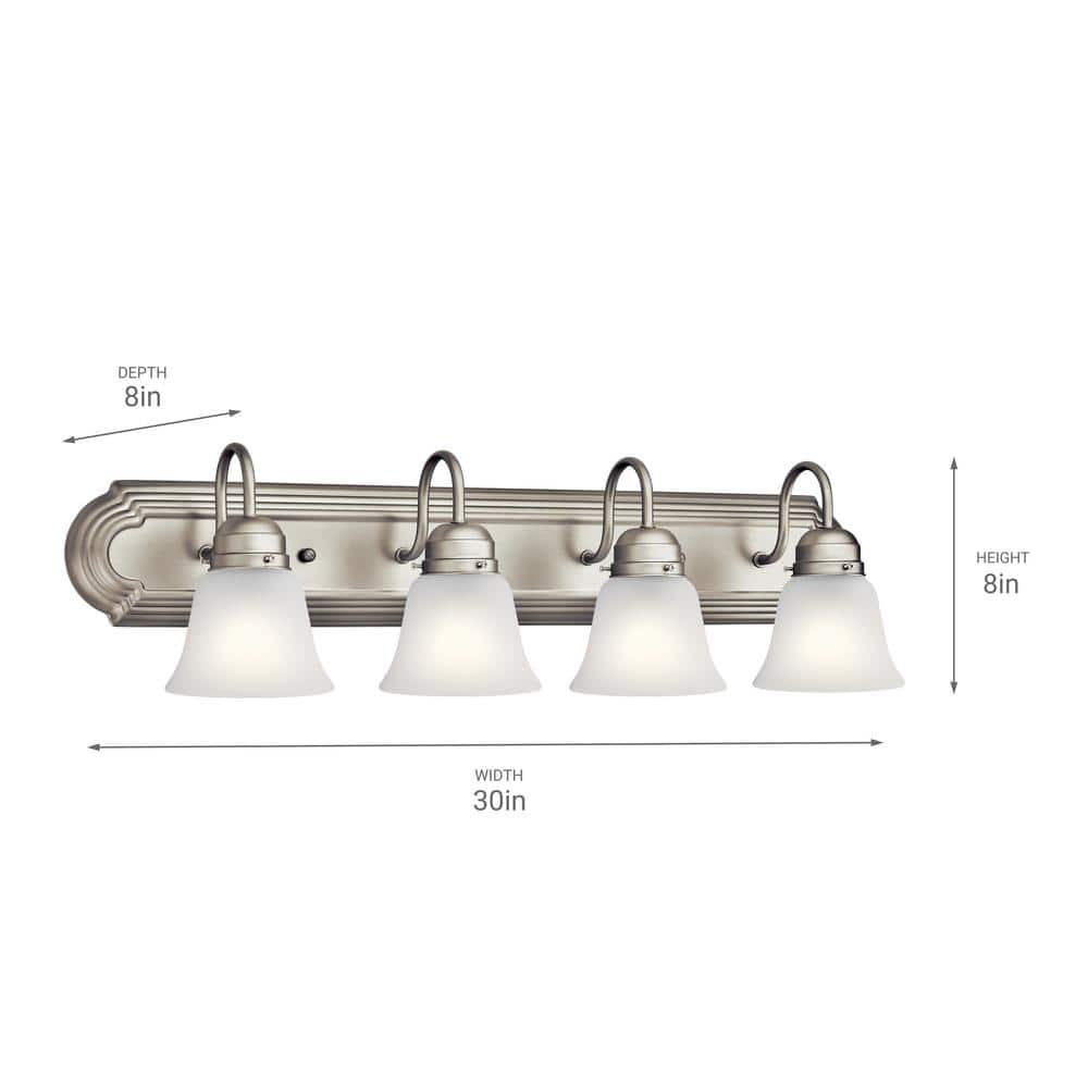 Brushed Nickel 30" 4-Light Vanity Light with White Bell Shades