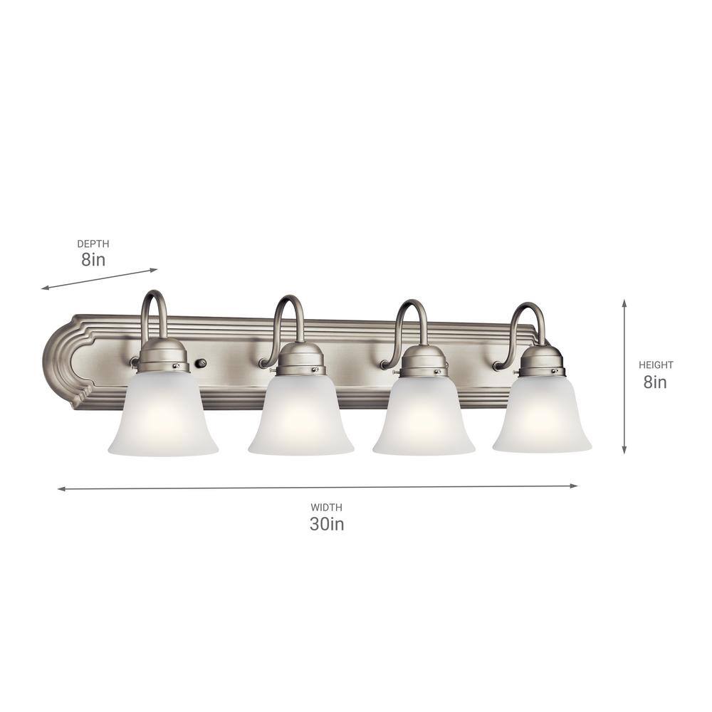 Brushed Nickel 30" 4-Light Vanity Light with White Bell Shades