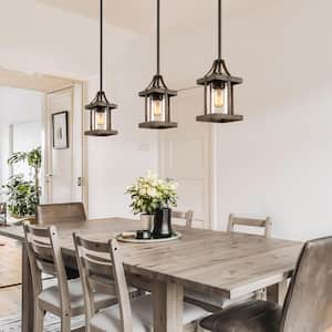 1-Light Rustic Caged Textured Dark Brown Farmhouse Pendant Light with Modern Clear Glass Shade and Antique Wood Accent