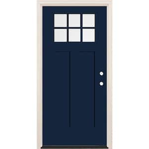 36 in. x 80 in. Left-Hand 6-Lite Clear Glass Indigo Painted Fiberglass Prehung Front Door with 4-9/16 in. Frame