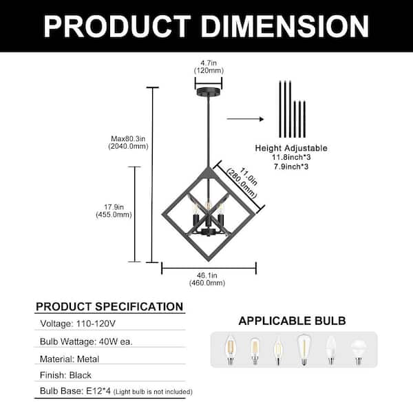 YANSUN 18 in. 4-Light Black Farmhouse Chandelier, Geometric